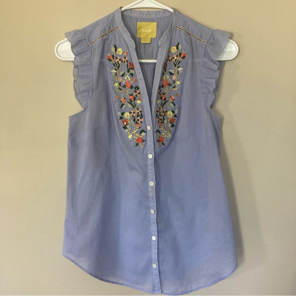 Maeve by Anthropologie Ruffle Sleeve Embroidered Blouse; 100% Cotton